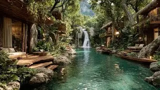 Cozy Jungle Village by the Falls | Waterfall + Birds for Relaxation & Focus