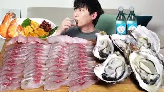 Вкусная сырая рыба! Сашими из кефали и сырые устрицы. Мукбанг, ASMR-шоу с едой