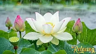 A delicate white lotus flower opening under raindrops,surrounded by pink buds and fresh green leaves