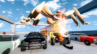 School Bus and Police Passes by Spinner Spinning Until It Crashes and Burns - BeamNG Drive