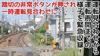 【運転見合わせ】踏切の非常ボタンが押され一時運転見合わせに・・・、運転見合わせから運転再開までの様子を緊急収録！