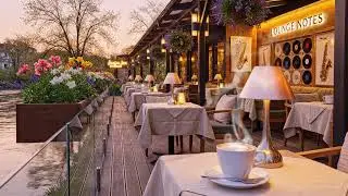 Riverside Spring Jazz ☕🌿 4K Cafe Ambience Perfect Piano Music for Work Study & Sleep