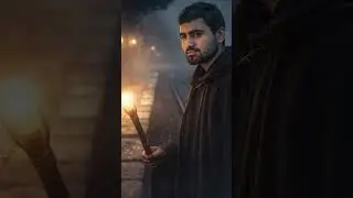 Ultra-cinematic fantasy movie still. Young wizard hero standing alone at an ancient stone train plat