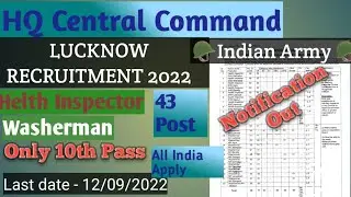HQ Central Command Lukhnow Vacancy 2022||Army HQ Central Command Lukhnow Group C Vacancy 2022||