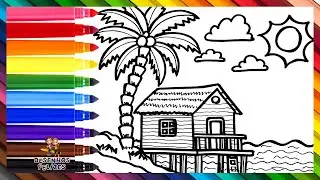 Desenhar e Colorir uma Paisagem de Praia 🌴🏠🌅🌊🌈 Desenhos para Crianças
