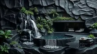 Luxurious Black Stone Waterfall Retreat | Relaxing Slowed Ambience with Soothing Water Sounds.