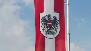 Austrian flag with emblem waving in wind, blue sky background. Stock Footage