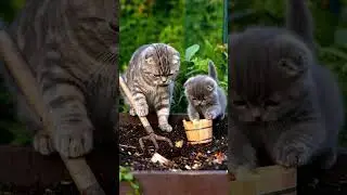 Scottish Fold Mother Cat and Kitten Harvesting Vegetable Garden