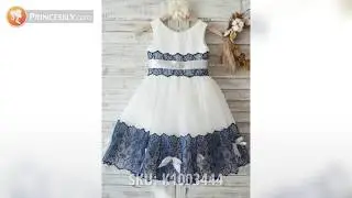 Princess Ivory Satin Tulle Navy Lace Flower Girl Dresses | Princessly Dresses