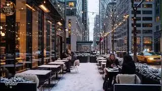 🔴 Cozy Winter Day at Outdoor Coffee Shop Ambience ⛄ Soft Jazz Music & Crackling Fireplace to Relax