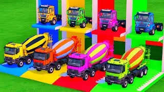 Mixer Trucks of Colors! TRACTOR, FIRE ENGINE, SCANIA, FREIGHTLINER, MAN, ISUZU WITH FLATBED TRUCKS