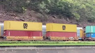 CSX 3303 leads double stack intermodal through the narrows at Cumberland MD