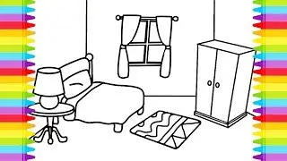 Bedroom Bed Coloring book Pages For kids Learning Colors I Bed sheet Curtain Closet bedside lamp