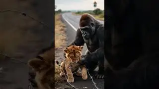 An Innocent Gorilla Save lion cub's life from Highway that stuck in barbed wires  #wildlife #animals