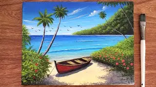 Beautiful Tropical Beach Landscape Painting for beginners | Acrylic Painting Beach | Canvas Painting