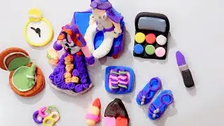 DIY How To Make Polymer Clay Miniature Makeup Set with Pink Dress,Eyeshadow, Shoes,Bag | makeup kit