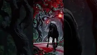 A majestic lifelike black horse with a flowing mane walks calmly through an enchanted garden