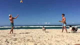 Hot guys playing beach volleyball in slow mo