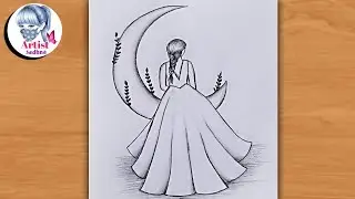 A girl wearing beautiful gown with Moon drawing // Pencil - sketch for beginners 