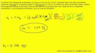 What is the tangential acceleration of a bug on the rim of a 10 in diameter disk