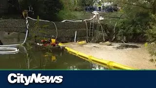 Oily water visible near Lake Ontario amid clean-up efforts from Etobicoke industrial fire