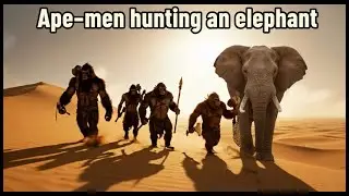 Ape-men hunting an elephant