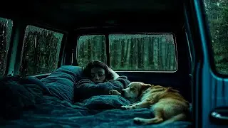 Misty Forest Van Life: Heavy Rain on Camper Roof Ambience with a Sleeping Dog for Rest