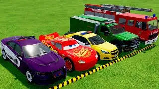 DACIA, MCQUEEN CAR سيارة ماكوين FORD POLICE CARS, AMBULANCE EMERGENCY TRANSPORTING WITH TRUCKS! #63