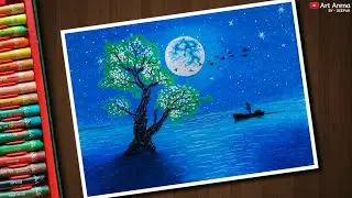 Step by Step Moonlight Tree Landscape drawing for beginners with Oil Pastels
