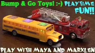 Car Toys: Bump & Go School Bus and Fire Truck Toys w/ Lights and Sounds Unboxing & Playtime