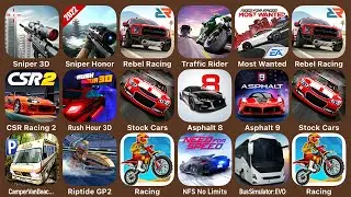 Sniper 3D, Sniper Honor, Rebel Racing, Traffic Rider, Most Wanted, CSR Racing 2...