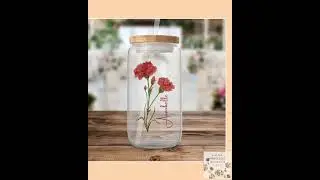 Frosted Floral Personalized 16 oz Glass Can, Custom Name Birth Flower Tumbler, Carnation Birthday...