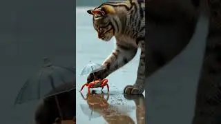 Adorable Cat Watches a Crab Holding an Umbrella #Cat #Crab #Umbrella #CuteAnimals
