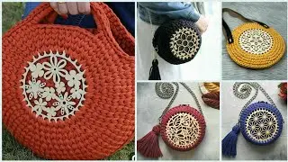 Latest and trendy gorgeous crochet T shirt yarn bolsa bag with laser cut wood work