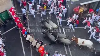 People run with charging bulls at Pamplona's San Ferm&iacute;n festival