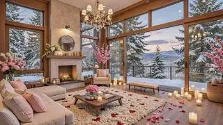 Romantic Winter Cabin Jazz 💗 Valentine Fireplace Ambience with Snowy Forest View