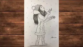 How to draw a girl enjoying snowfall | Winter snowfall scenery drawing | Winter scenery drawing