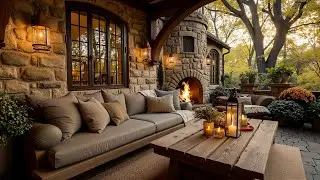 Rustic Autumn Morning Ambience 🍂 Cozy Fireplace Glow at a Stone Cottage Terrace for Relaxation