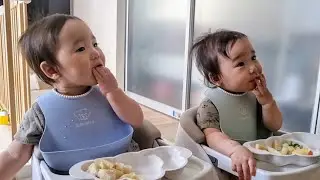 【1歳0ヶ月/離乳食完了期】朝ごはんをひたすら手づかみ食べで食べまくる双子