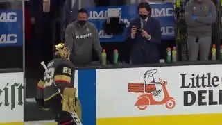 Marc-Andre Fleury accidentally hits fan in head with puck