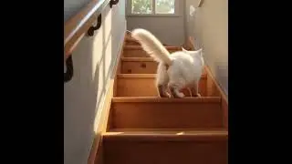 cute white cat is walking upstairs realistic video