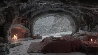 Cozy Ice Cave Retreat | Snowstorm Ambience & Crackling Fire ASMR for Deep Sleep