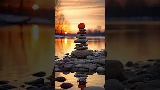 MidJourney Prompt: close up of a stack of river rocks precariously balanced on the shore of the Fox