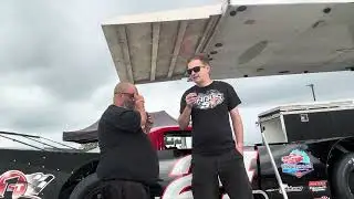  Tyler Roahrig veteran driver at Owosso Speedway being interviewed by hands Racing  network.￼
