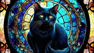 Black Cat Stained Glass Art Screensaver🕯️Moody Gothic Halloween Print for Samsung Frame TV Artwork