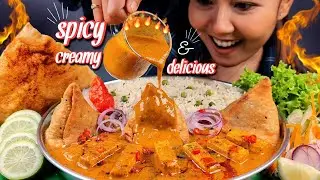 COOKING & EATING SPICY PANEER BUTTER MASALA WITH SAMOSA DRIZZLED WITH EXTRA GRAVY & MATAR PULAO 