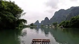 First-person View on a Raft Surrounded by Karst Peaks in Guilin, China