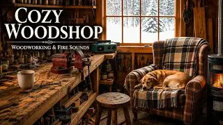 Cozy Woodshop Winter Day Ambience ❄️ Woodworking Sounds 🔨 Fireplace & Cabin Workshop Background