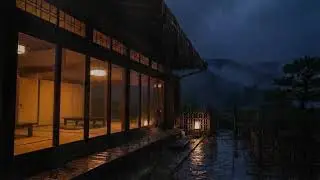 Heavy Rain Outside a Traditional Wooden House | Soft Warm Lights for Relaxing Sleep