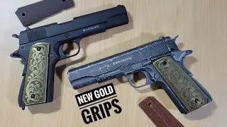 GOLD PLATED BRASS ENGRAVED GRIPS FOR COLT 1911 CO2 BB AIRGUNS IN INDIA NO LICENSE NEEDED.